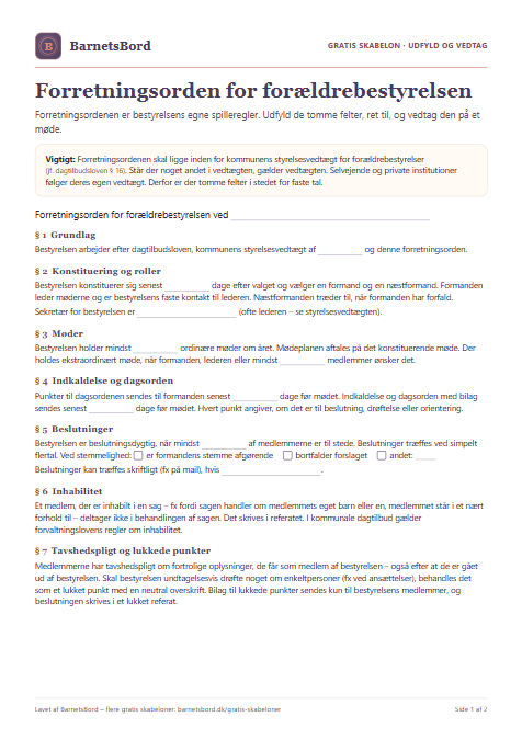 Forhåndsvisning: forretningsorden for forældrebestyrelsen